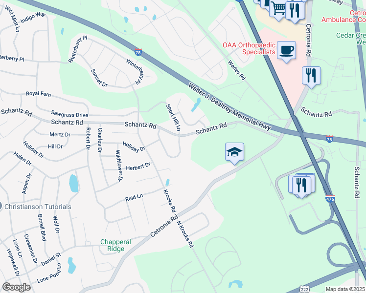 map of restaurants, bars, coffee shops, grocery stores, and more near 14 High Saddle Lane in Allentown
