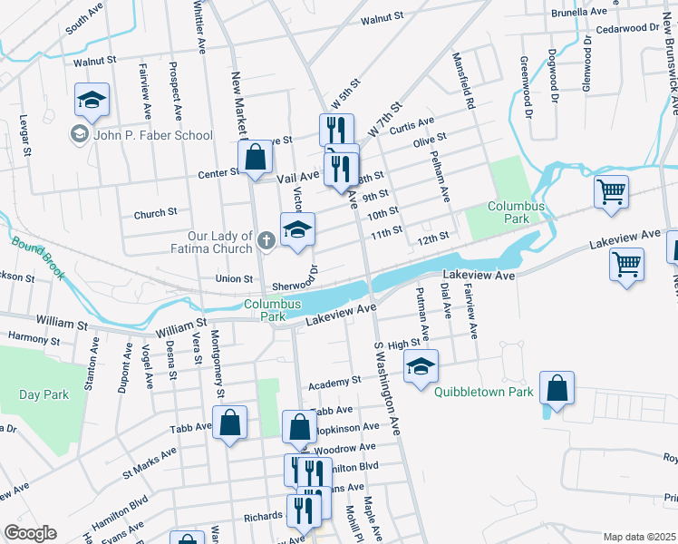 map of restaurants, bars, coffee shops, grocery stores, and more near 72 12th Street in Piscataway