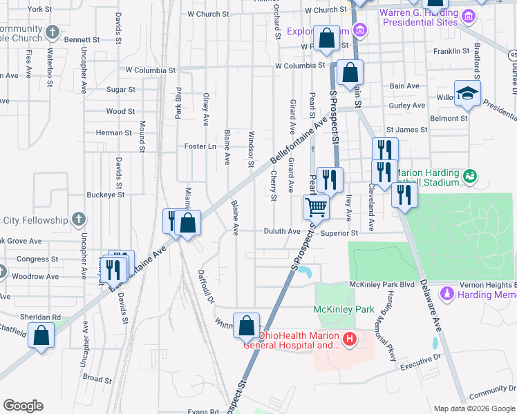 map of restaurants, bars, coffee shops, grocery stores, and more near 610 Windsor Street in Marion