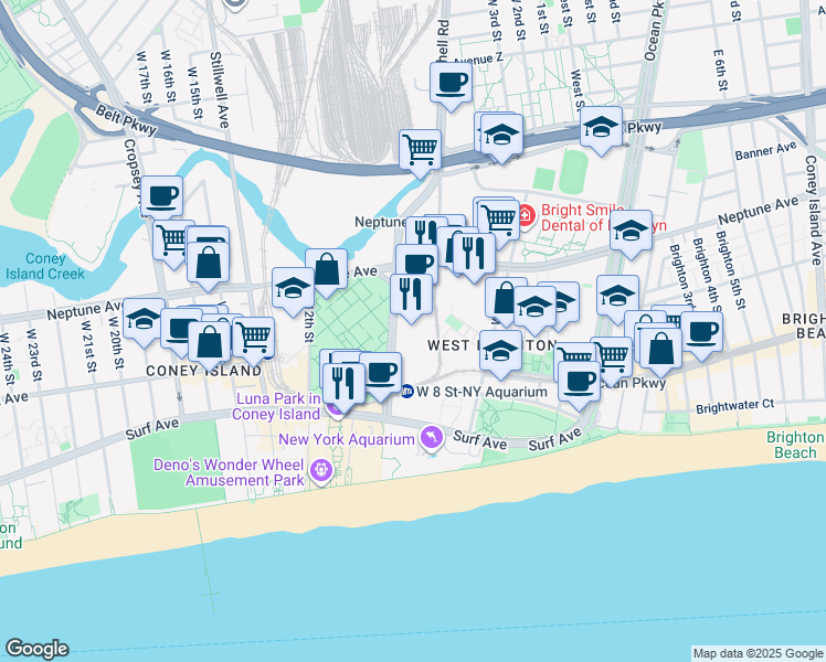 map of restaurants, bars, coffee shops, grocery stores, and more near 2875 West 8th Street in Brooklyn