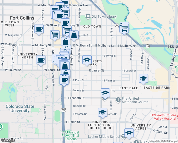 map of restaurants, bars, coffee shops, grocery stores, and more near 703 Peterson Street in Fort Collins