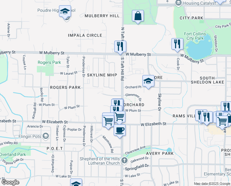 map of restaurants, bars, coffee shops, grocery stores, and more near 724 South Taft Hill Road in Fort Collins