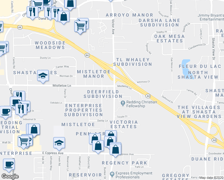 map of restaurants, bars, coffee shops, grocery stores, and more near 2021 Victor Avenue in Redding