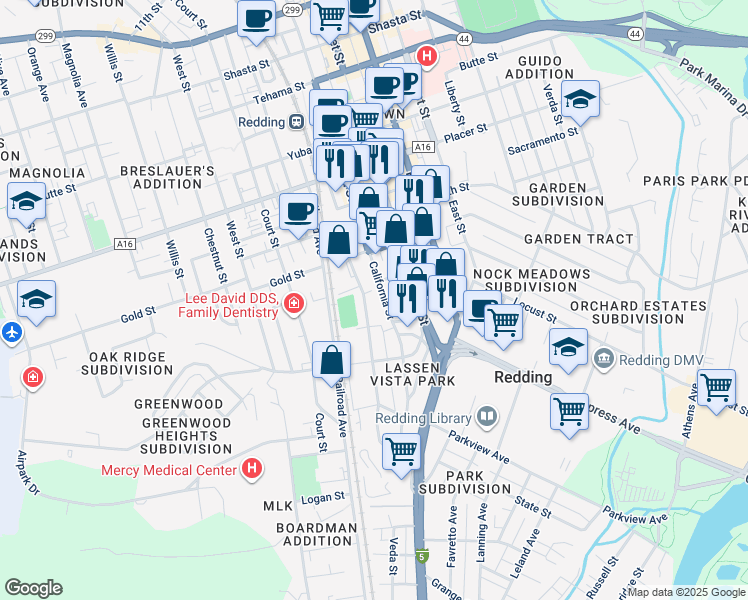 map of restaurants, bars, coffee shops, grocery stores, and more near 2141 California Street in Redding