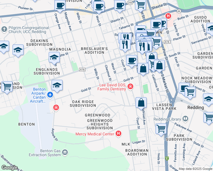 map of restaurants, bars, coffee shops, grocery stores, and more near 2039 Gold Street in Redding