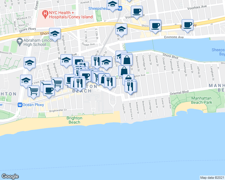 map of restaurants, bars, coffee shops, grocery stores, and more near 3086 Brighton 14th Street in Brooklyn