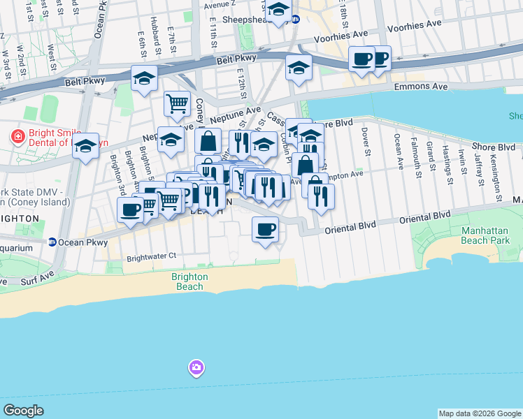 map of restaurants, bars, coffee shops, grocery stores, and more near 3086 Brighton 14th Street in Brooklyn