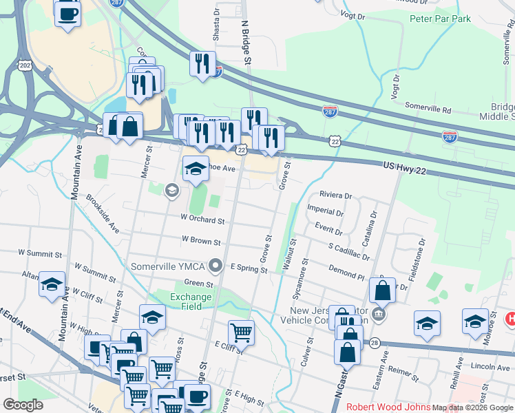 map of restaurants, bars, coffee shops, grocery stores, and more near 43 East Young Street in Somerville