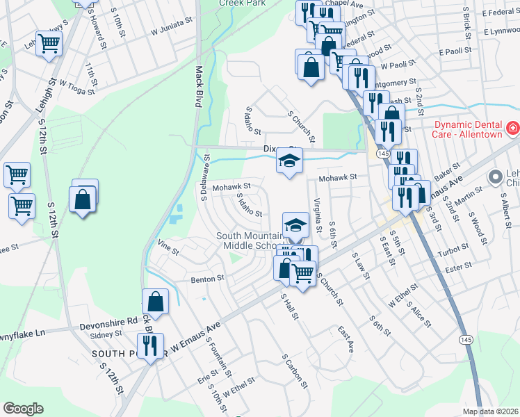 map of restaurants, bars, coffee shops, grocery stores, and more near 1962 Baker Drive in Allentown