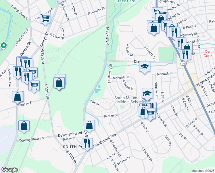 map of restaurants, bars, coffee shops, grocery stores, and more near 1901 Mack Boulevard in Allentown