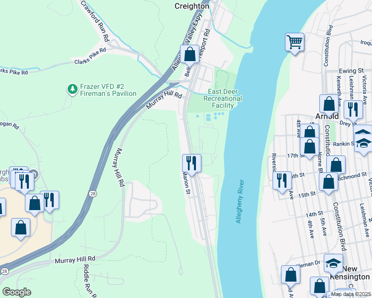 map of restaurants, bars, coffee shops, grocery stores, and more near 703 Freeport Road in Creighton