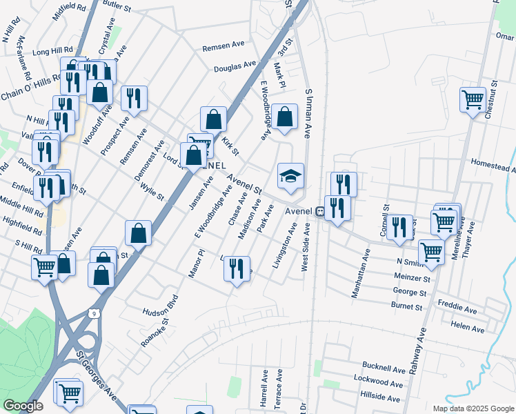 map of restaurants, bars, coffee shops, grocery stores, and more near 4 Madison Avenue in Woodbridge Township