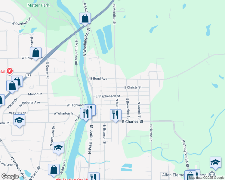 map of restaurants, bars, coffee shops, grocery stores, and more near 228 East Christy Street in Marion