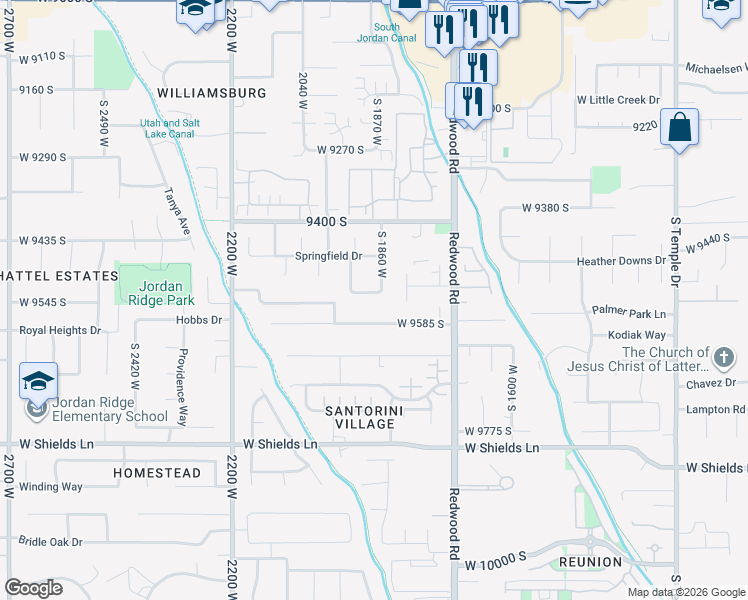 map of restaurants, bars, coffee shops, grocery stores, and more near 1877 West 9525 South in South Jordan