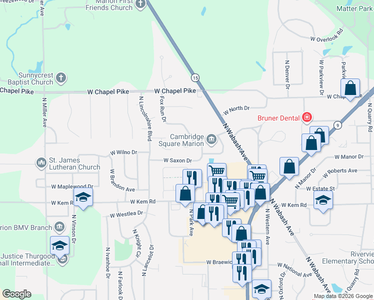 map of restaurants, bars, coffee shops, grocery stores, and more near 1406 Fox Run Drive in Marion