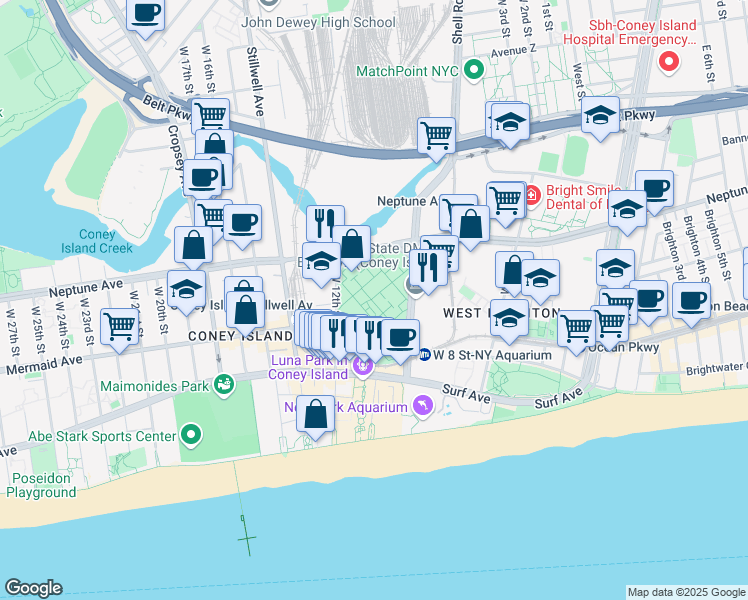 map of restaurants, bars, coffee shops, grocery stores, and more near 2885 West 12th Street in Brooklyn