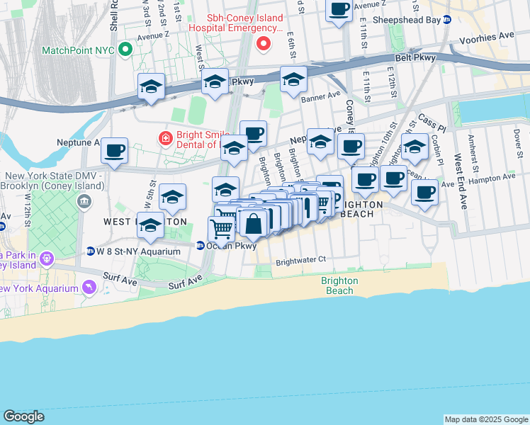 map of restaurants, bars, coffee shops, grocery stores, and more near 3040 Brighton 3rd Street in Brooklyn