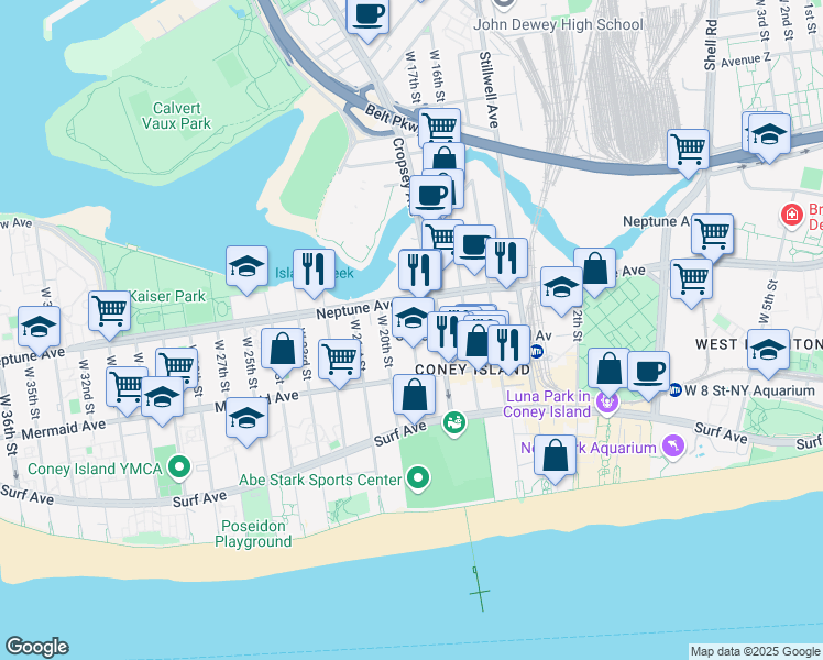 map of restaurants, bars, coffee shops, grocery stores, and more near 2825 West 19th Street in Brooklyn