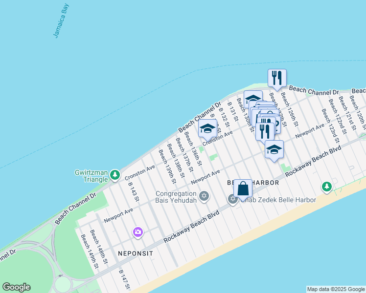 map of restaurants, bars, coffee shops, grocery stores, and more near 514 Beach 137th Street in Queens
