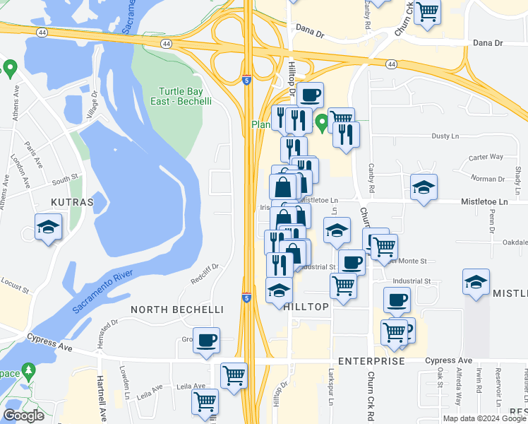 map of restaurants, bars, coffee shops, grocery stores, and more near 605 Iris Drive in Redding