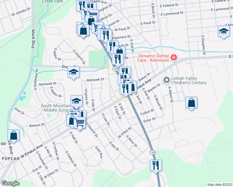 map of restaurants, bars, coffee shops, grocery stores, and more near 1971 South 5th Street in Allentown