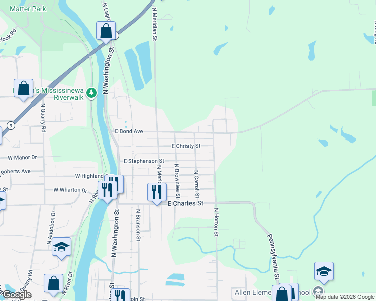 map of restaurants, bars, coffee shops, grocery stores, and more near 522 E Christy St in Marion