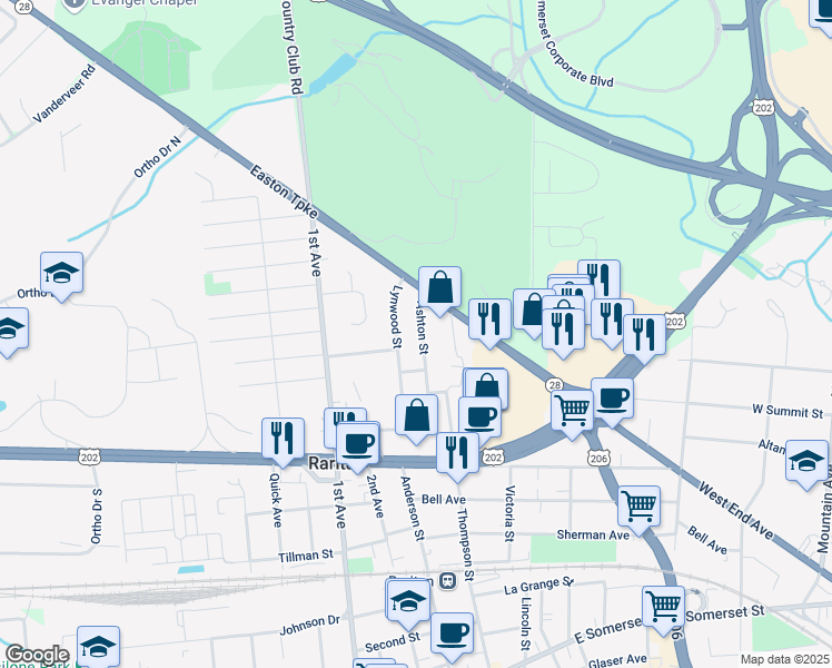 map of restaurants, bars, coffee shops, grocery stores, and more near 807 Ashton Street in Raritan