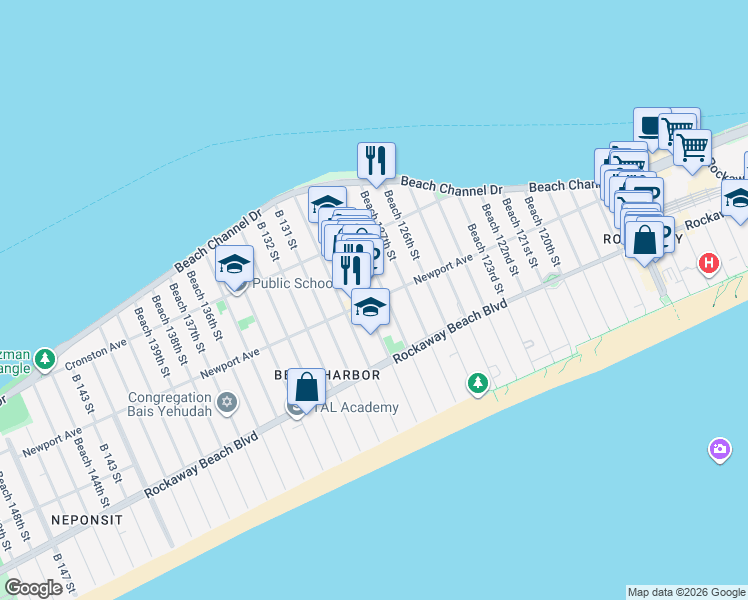 map of restaurants, bars, coffee shops, grocery stores, and more near 258 Beach 128th Street in Queens