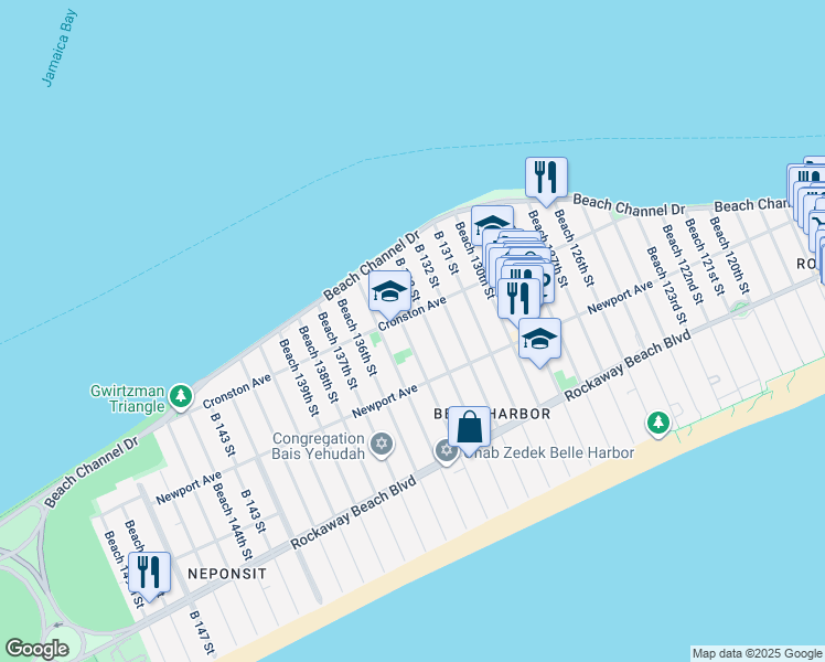 map of restaurants, bars, coffee shops, grocery stores, and more near 460 Beach 134th Street in Queens