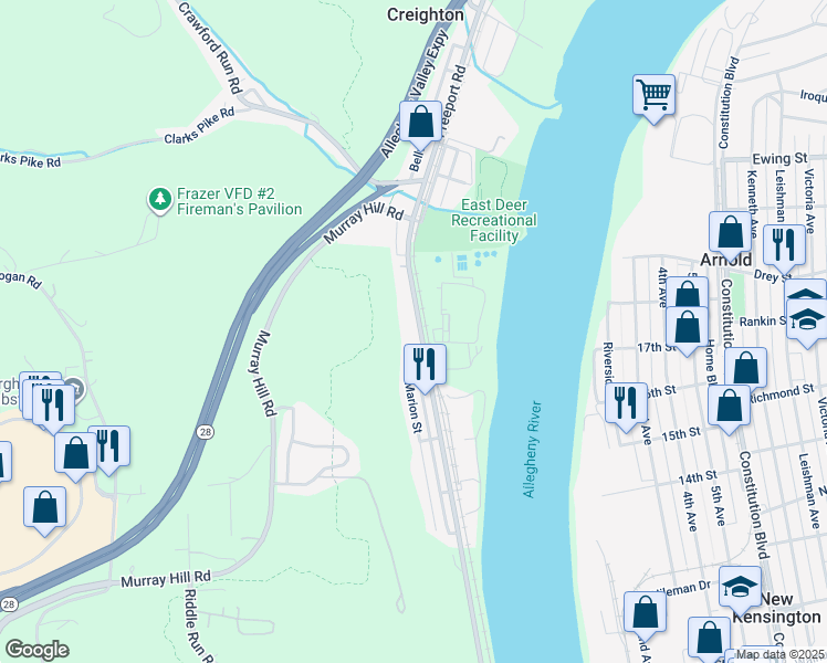 map of restaurants, bars, coffee shops, grocery stores, and more near 703 Freeport Road in Creighton