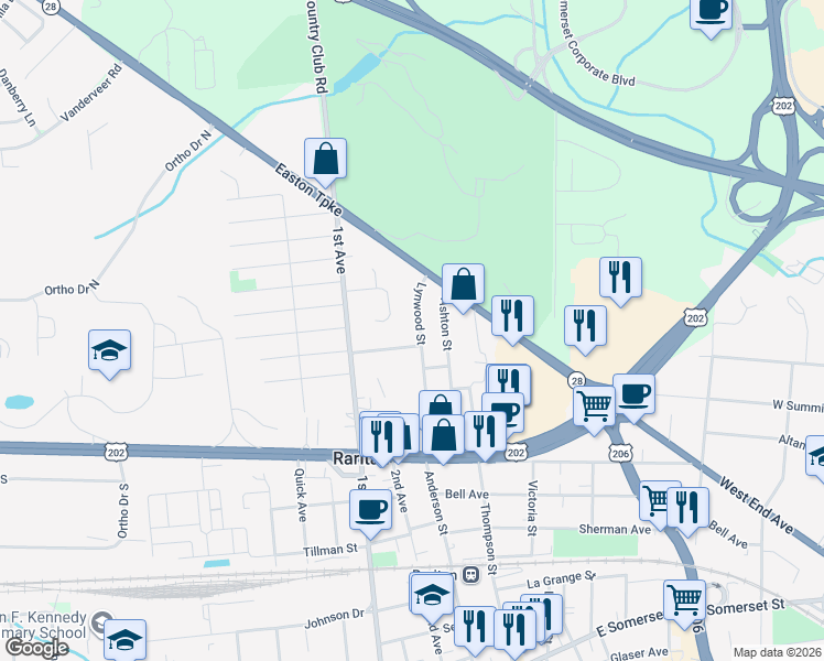 map of restaurants, bars, coffee shops, grocery stores, and more near 807 Lynwood St in Raritan
