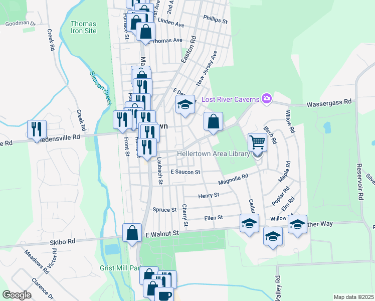 map of restaurants, bars, coffee shops, grocery stores, and more near 304 Durham Street in Hellertown