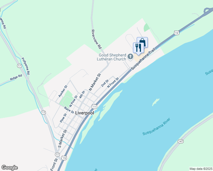 map of restaurants, bars, coffee shops, grocery stores, and more near 608 North Front Street in Liverpool