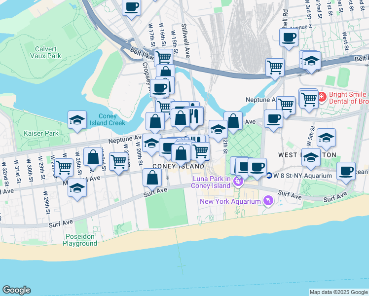 map of restaurants, bars, coffee shops, grocery stores, and more near 2844 West 15th Street in Brooklyn