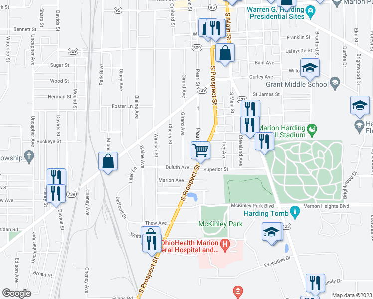 map of restaurants, bars, coffee shops, grocery stores, and more near 612 Girard Avenue in Marion