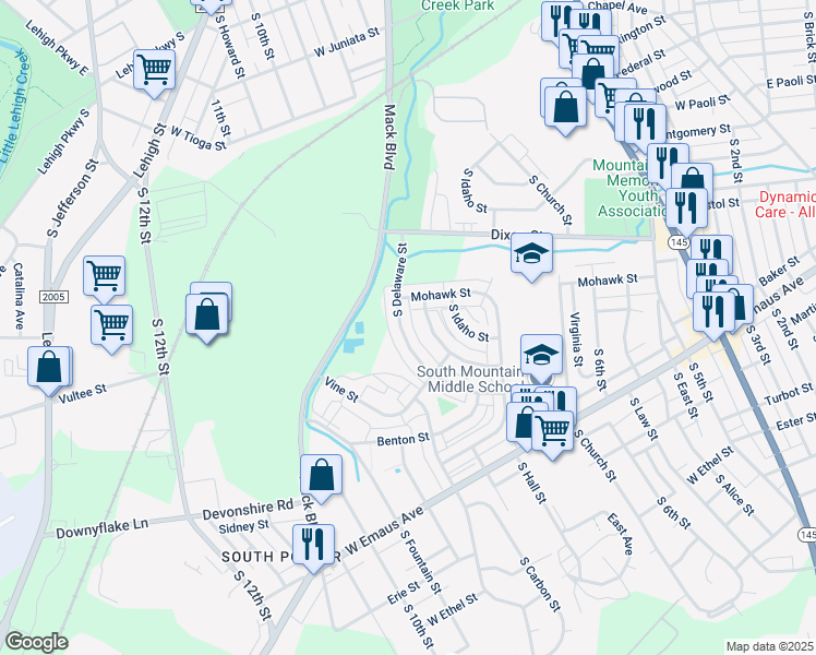 map of restaurants, bars, coffee shops, grocery stores, and more near 1935 South Delaware Street in Allentown