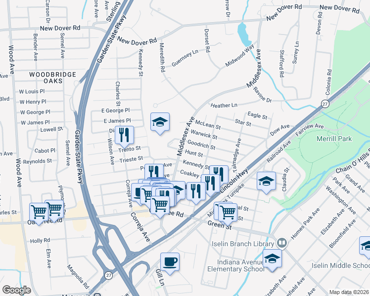 map of restaurants, bars, coffee shops, grocery stores, and more near 200 Middlesex Avenue in Woodbridge Township