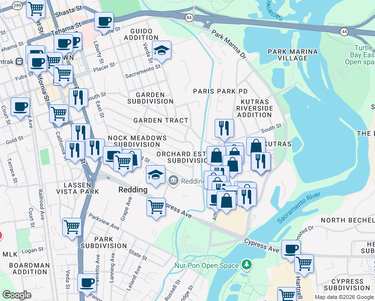map of restaurants, bars, coffee shops, grocery stores, and more near 620 Orchard Estates Drive in Redding