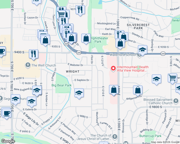 map of restaurants, bars, coffee shops, grocery stores, and more near 1142 East Wright Way in Sandy