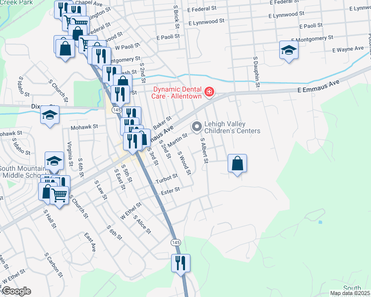 map of restaurants, bars, coffee shops, grocery stores, and more near 2028 South Front Street in Allentown