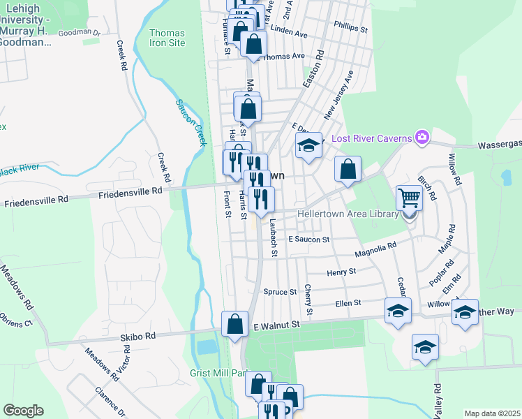 map of restaurants, bars, coffee shops, grocery stores, and more near 605 Main Street in Hellertown