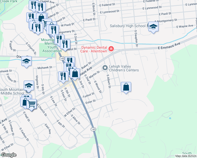 map of restaurants, bars, coffee shops, grocery stores, and more near 2028 S Front St in Allentown