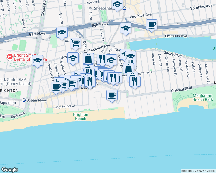 map of restaurants, bars, coffee shops, grocery stores, and more near Brighton Beach Avenue & Seacoast Terrace in Brooklyn