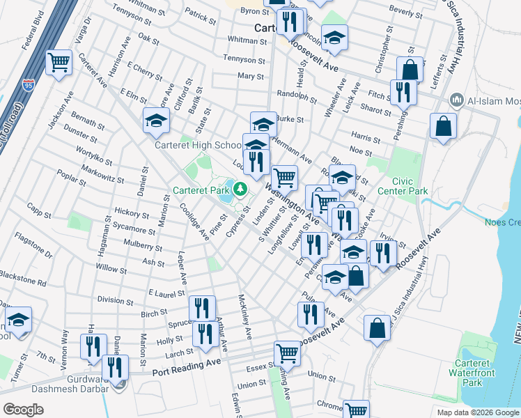 map of restaurants, bars, coffee shops, grocery stores, and more near in Carteret