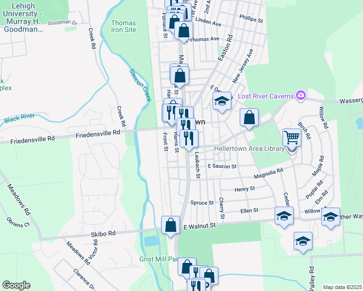 map of restaurants, bars, coffee shops, grocery stores, and more near 605 Main Street in Hellertown