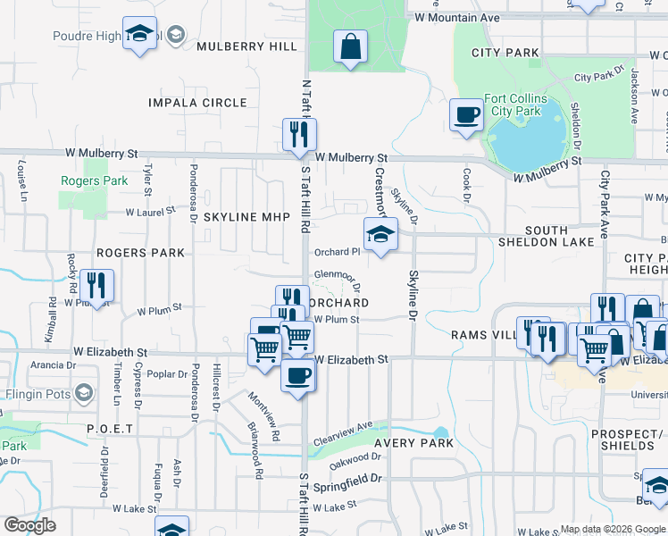 map of restaurants, bars, coffee shops, grocery stores, and more near 2048 Glenmoor Drive in Fort Collins