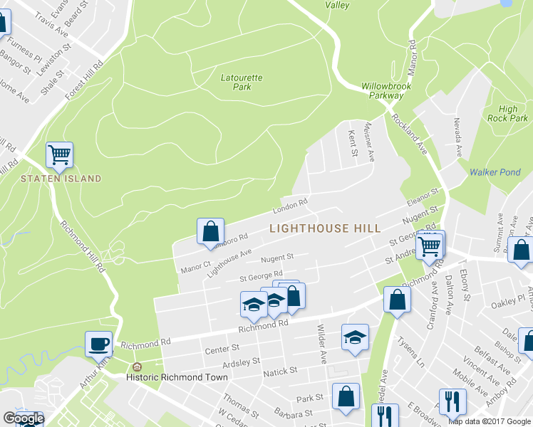 map of restaurants, bars, coffee shops, grocery stores, and more near 303 London Road in Staten Island