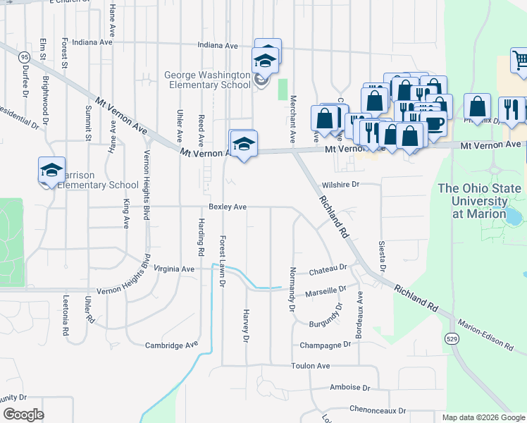 map of restaurants, bars, coffee shops, grocery stores, and more near 1085 Bexley Avenue in Marion