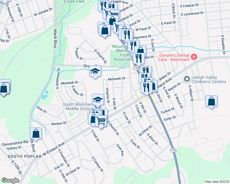 map of restaurants, bars, coffee shops, grocery stores, and more near 1951 South 6th Street in Allentown