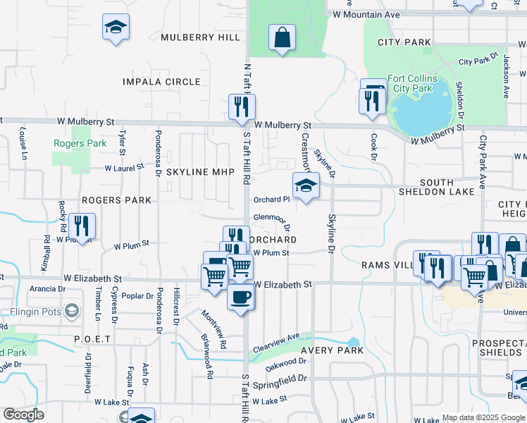 map of restaurants, bars, coffee shops, grocery stores, and more near 2048 Glenmoor Drive in Fort Collins